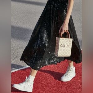 Celine Mini Cabas Crossbody Tote Bag White Triomphe Canvas Tan Leather in Box